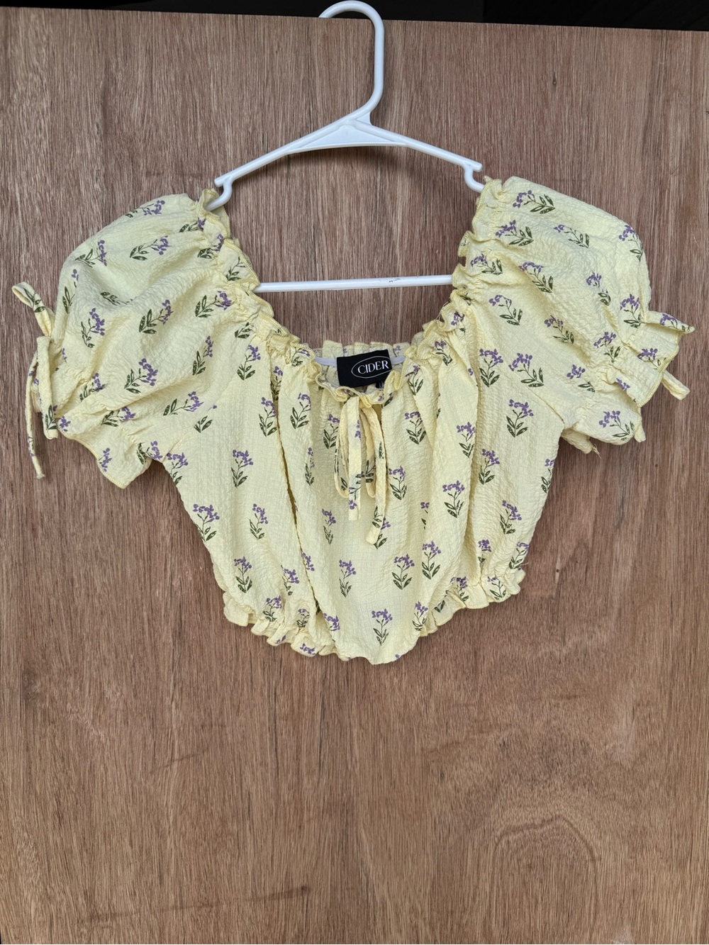 Cider Pale Yellow Floral Puff-Sleeve Tie-Front Crop Top